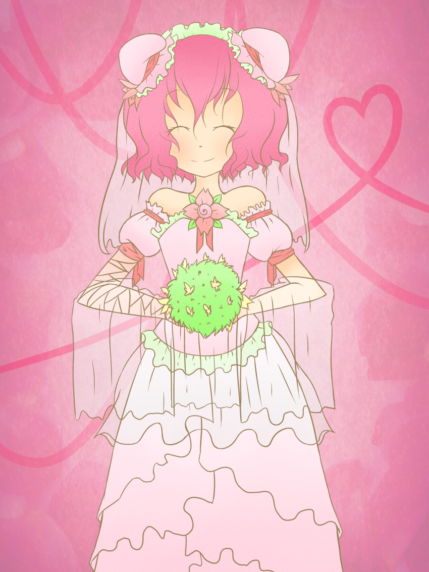 closed_eyes double_bun flower heart ibara_kasen pink_hair short_hair smile suikasen touhou wedding_dress