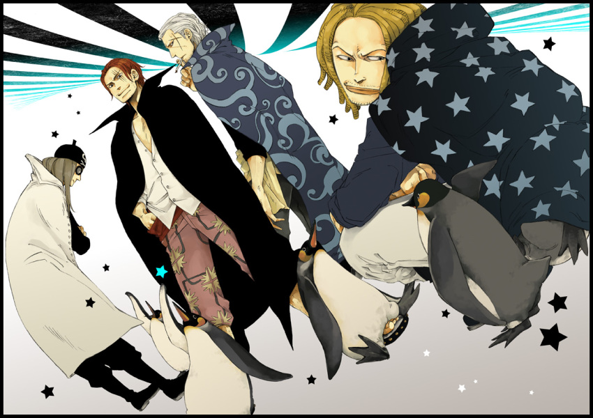 benn_beckman bird cigarette facial_hair hat ishikoronbo limejuice_(one_piece) long_coat long_hair male multiple_boys one_piece penguin red_hair redhead scar shanks_(one_piece) short_hair smoking sunglasses white_hair yasopp