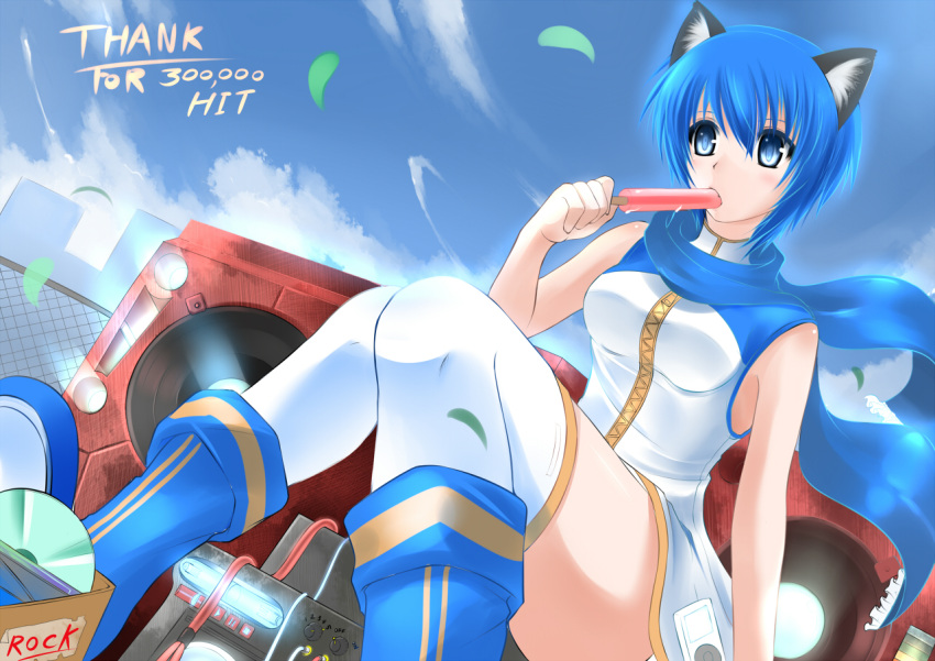 animal_ears blue_eyes blue_hair boots box cat_ears catgirl catstudio_(artist) cd cloud cloudy_sky digital_media_player eating fang food genderswap hits icicle kaiko kaito popsicle scarf short_hair sky speaker thigh-highs thighhighs vocaloid white_legwear white_thighhighs zettai_ryouiki