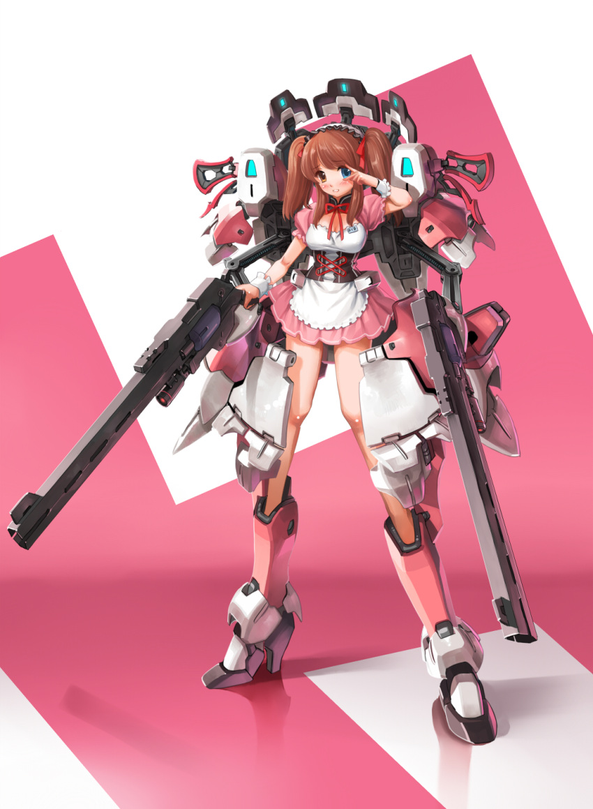 brown_eyes brown_hair flyx2 gun heterochromia highres long_hair mecha_musume mikuru_beam parted_lips power_armor suzumiya_haruhi_no_yuuutsu taut_shirt twintails v v_over_eye waitress weapon