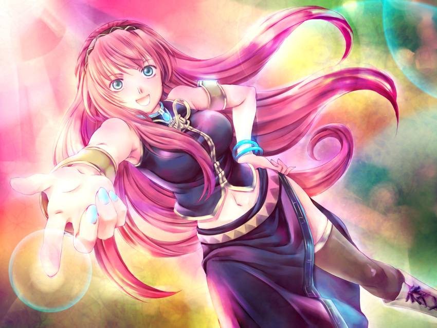 :d aqua_eyes blue_eyes boots bracelet female hand_on_hip highres ichika_asatsuki large_breasts long_hair megurine_luka midriff nail_polish navel open_mouth pink_hair pointing skirt smile solo thighhighs vocaloid