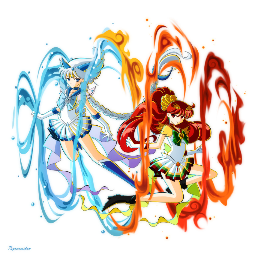 2girls bishoujo_senshi_sailor_moon blue_eyes female fire highres ho-oh long_hair lugia multiple_girls parody personification pokemon pokemon_heartgold_and_soulsilver pokemon_hgss psyconorikan red_eyes red_hair redhead sailor_scouts silver_hair skirt transparent_background water