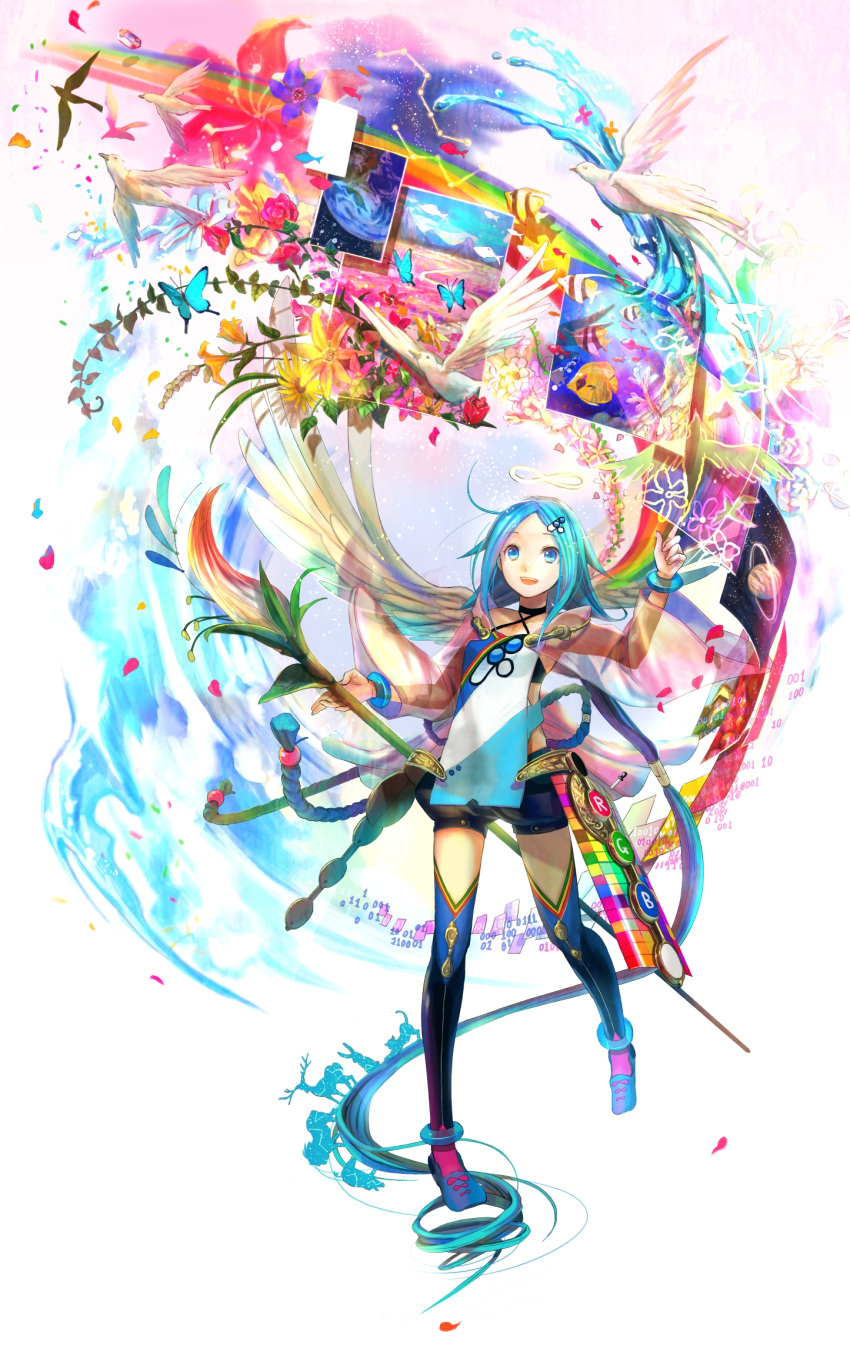 anklet aqua_hair binary bird blue_eyes blue_hair bracelet colorful fish flower fuji_choko highres infinity jewelry long_hair open_mouth original petals photo_(object) picture smile solo space star surreal thighhighs very_long_hair water wings