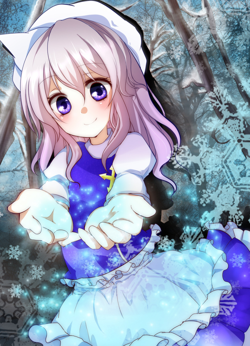 hat highres letty_whiterock outstretched_hand pink_hair purple_eyes short_hair shromann smile snowflakes solo touhou winter