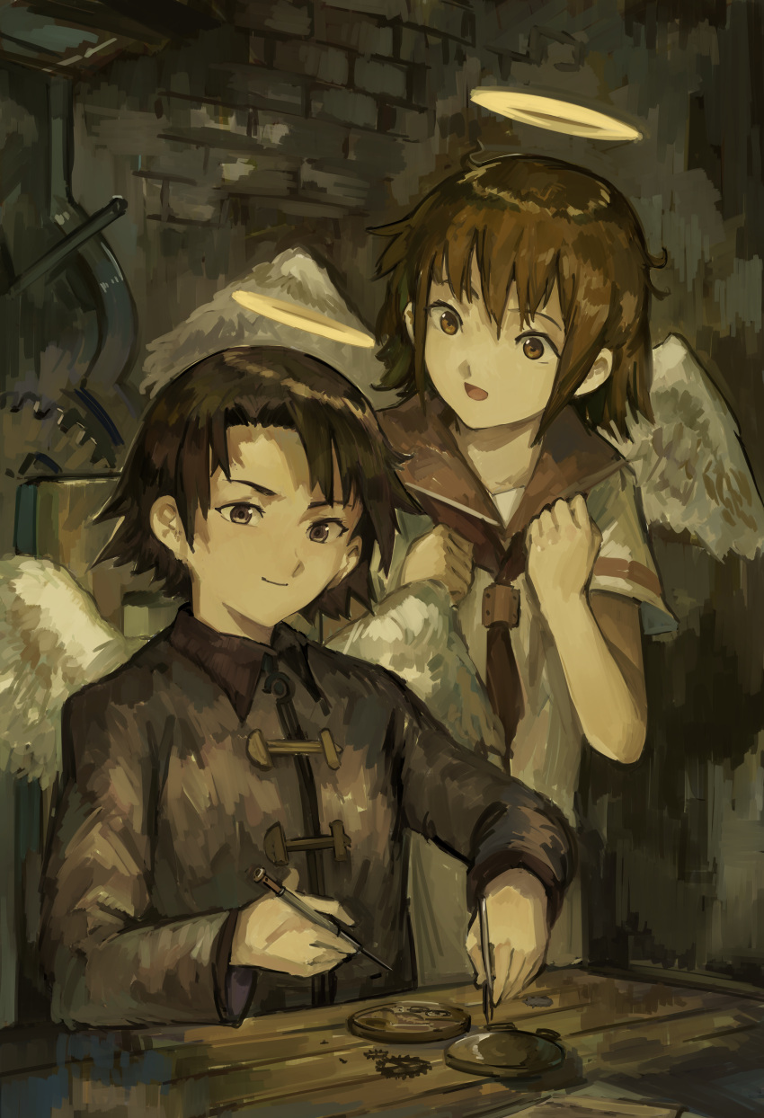 2girls absurdres androgynous angel angel_wings bangs black_hair brick_wall brown_eyes brown_hair chair chinese_clothes dress feathers gears haibane_renmei halo hands_up highres holding holding_screwdriver indoors kana_(haibane) kornod long_sleeves multiple_girls neckerchief pocket_watch rakka_(haibane) red_neckerchief red_sailor_collar reverse_trap sailor_collar sailor_dress screwdriver short_hair sitting smile table tangzhuang toggles unkempt watch white_dress white_wings wings