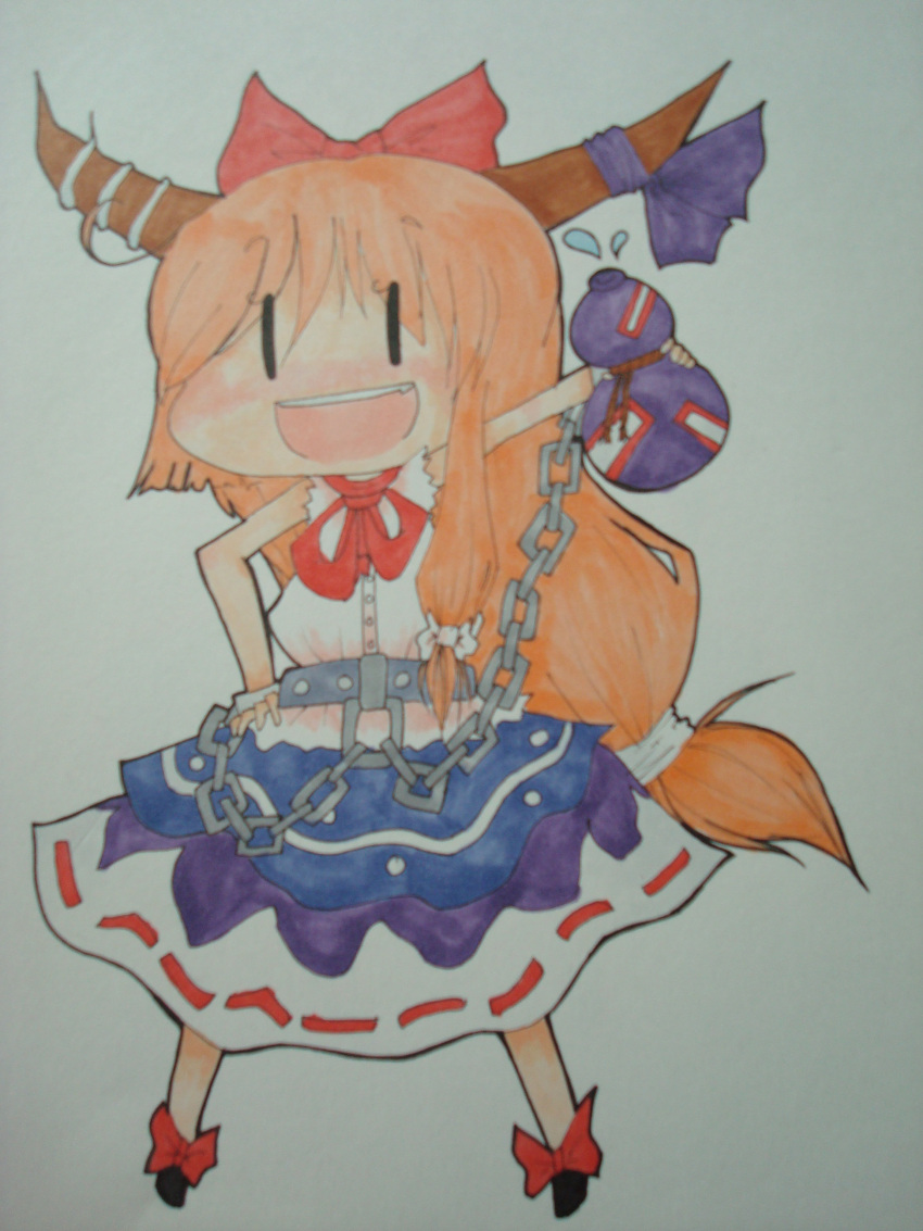 bow chains chibi eyes_open gourd ibuki_suika long_hair orange_hair sake suikasen touhou