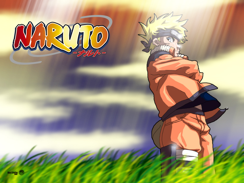 bag blonde_hair blue_eyes folded_arms grass jinchuuriki jumpsuit male naruto short_hair sky solo spiky_hair uzumaki_naruto