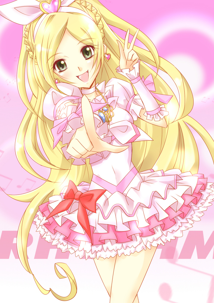 :d blonde_hair blush bow braid brooch choker cure_rhythm dress earrings frills green_eyes hair_bow heart highres jewelry kojikoji long_hair looking_at_viewer magical_girl midriff minamino_kanade miniskirt musical_note open_mouth pendant pointing precure pretty_cure ribbon skirt solo standing suite_precure suite_pretty_cure thighs v very_long_hair white_dress wrist_cuffs