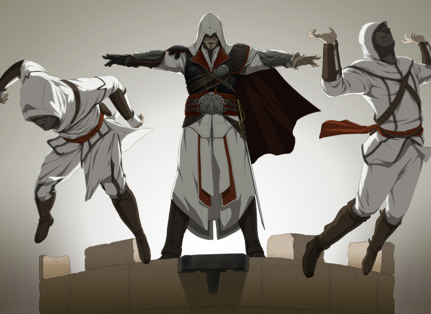 assassin's_creed:_brotherhood assassin's_creed_ii assassin's_creed assassin's_creed:_brotherhood assassin's_creed_ii asymmetrical_clothing beard belt boots building cape ezio_auditore_da_firenze facial_hair gb_(doubleleaf) genmaipudding gloves highres hood leap_of_faith mask outstretched_arms pauldrons plank pushing sash smile spread_arms sword tower vambraces weapon