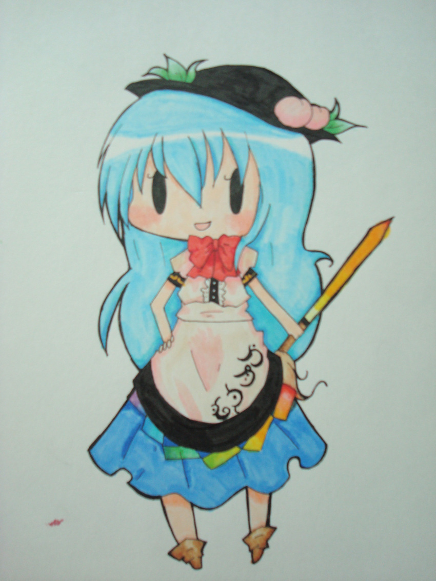 blue_hair bow chibi eyes_open hat hinanawi_tenshi leaves peach suikasen sword touhou