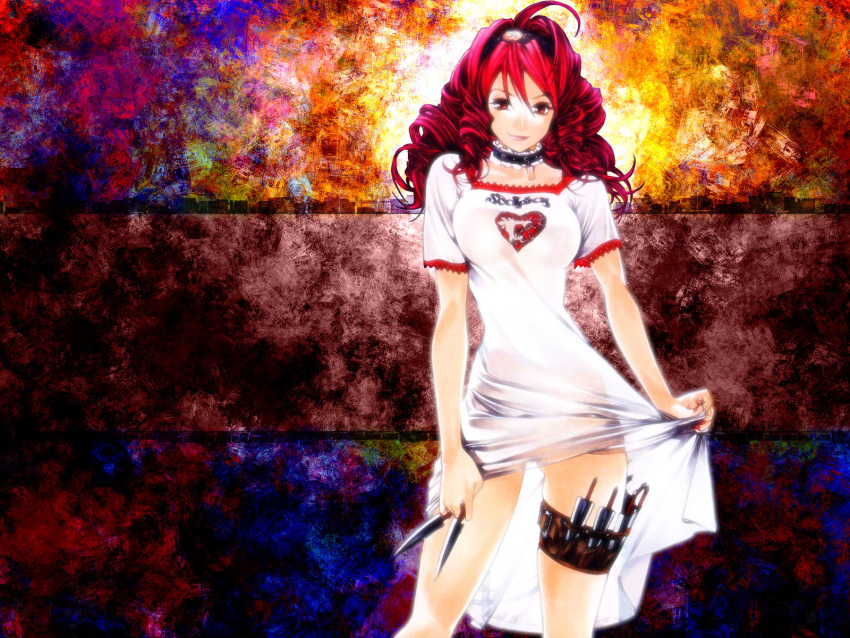 curly_hair dagger dress dress_lift drill_hair hairband highres isuzu_emi knife legs oh_great oogure_ito photoshop pink_hair red_eyes see-through smile solo tenjou_tenge thigh_strap wallpaper weapon