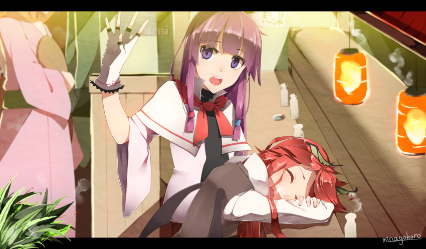 3girls artist_name capelet closed_eyes drooling fingerless_gloves gloves head_wings highres koakuma letterboxed long_hair minagokoro multiple_girls open_mouth patchouli_knowledge purple_hair redhead signature sleeping touhou violet_eyes wings
