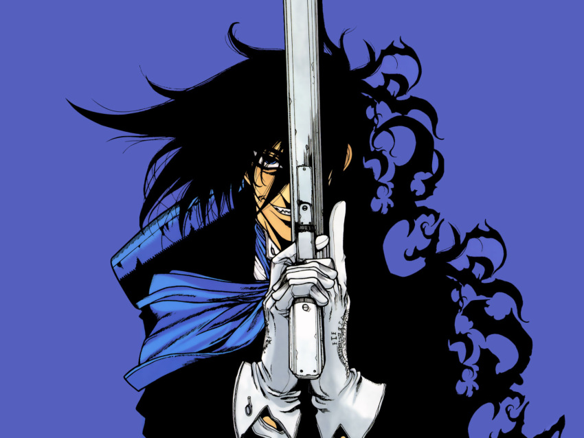 alucard_(hellsing) artist_request ascot black_hair blue grin gun hands hellsing looking_at_viewer messy_hair pistol simple_background weapon white_gloves