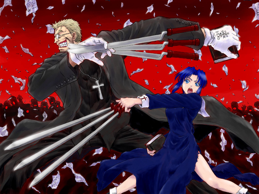 1girl alexander_anderson beard between_fingers black_keys blonde_hair blue_eyes blue_hair book buttons cassock ciel clenched_teeth cross cross_necklace crossover crowd english facial_hair flying_paper glasses gloves grin habit hellsing holding holding_book long_sleeves melty_blood opaque_glasses open_clothes open_mouth paper priest shingetsutan_tsukihime short_hair skirt smile sword tsukihime type-moon wallpaper weapon white_gloves white_legwear