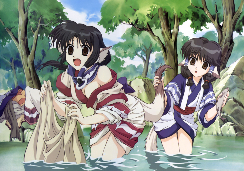 absurdres animal_ears aruruw bent_over black_hair breasts cleavage dog_ears eruruw fish highres holding_another's_tail japanese_clothes long_hair nakata_masahiko short_hair tail tail_grab undressing utawareru_mono utawarerumono wallpaper water