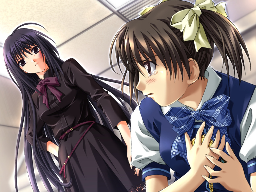 ahoge belt black_eyes black_hair blue_eyes blue_hair blush bow bowtie dress dutch_angle ever_17 frown game_cg gothic hair_bow hand_on_hip hands jewelry komachi_tsugumi lace long_hair looking_back matsunaga_sara multiple_girls necklace open_mouth pendant plaid profile school_uniform short_twintails standing takigawa_yuu tears twintails very_long_hair vest