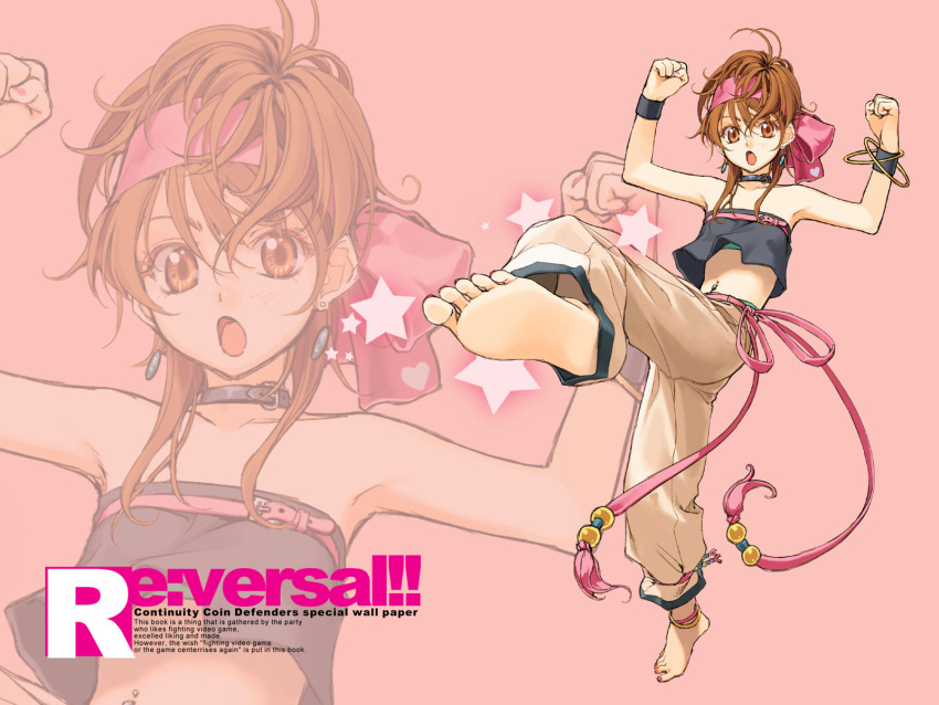 anklet armpits baggy_pants barefoot bracelet brown_hair collar earrings engrish feet flat_chest hairband hidari_(left_side) highres jewelry kicking king_of_fighters kof midriff momoko navel_piercing open_mouth orange_eyes outstretched_arms piercing ranguage re:versal!! ribbon short_hair snk solo spread_arms star strap tubetop wallpaper wristband zoom_layer