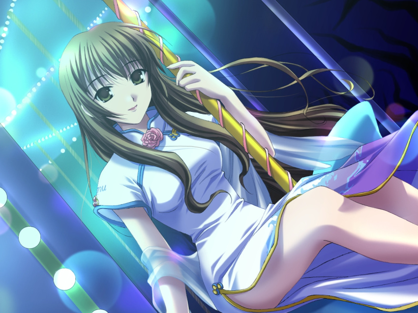 carousel china_dress chinese_clothes dutch_angle ever_17 fingernails flower game_cg glowing green_eyes green_hair legs lens_flare lipstick long_fingernails long_hair rose scarf see-through side_slit sitting smile solo takigawa_yuu very_long_hair