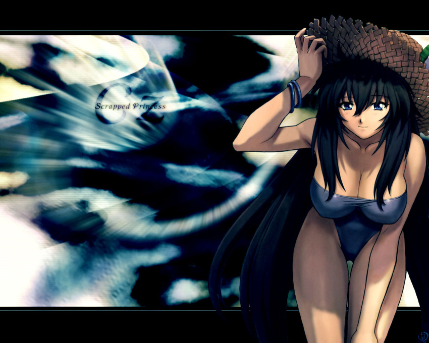 black_hair blue_eyes bracelet breasts casual_one-piece_swimsuit cleavage cz hand_on_hat hat huge_breasts jewelry leaning_forward long_hair mogudan nakayohi_mogudan one-piece_swimsuit scrapped_princess smile straw_hat swimsuit thigh_gap very_long_hair wallpaper yukinobu_azumi