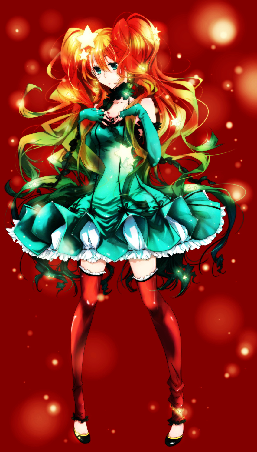 dress earrings elbow_gloves fingerless_gloves frills gloves gradient_hair green_dress green_eyes hair_ornament hands_on_own_chest hands_to_chest highres jewelry kmikan long_hair multicolored_hair orange_hair original red_legwear solo standing star thigh-highs thighhighs twintails very_long_hair