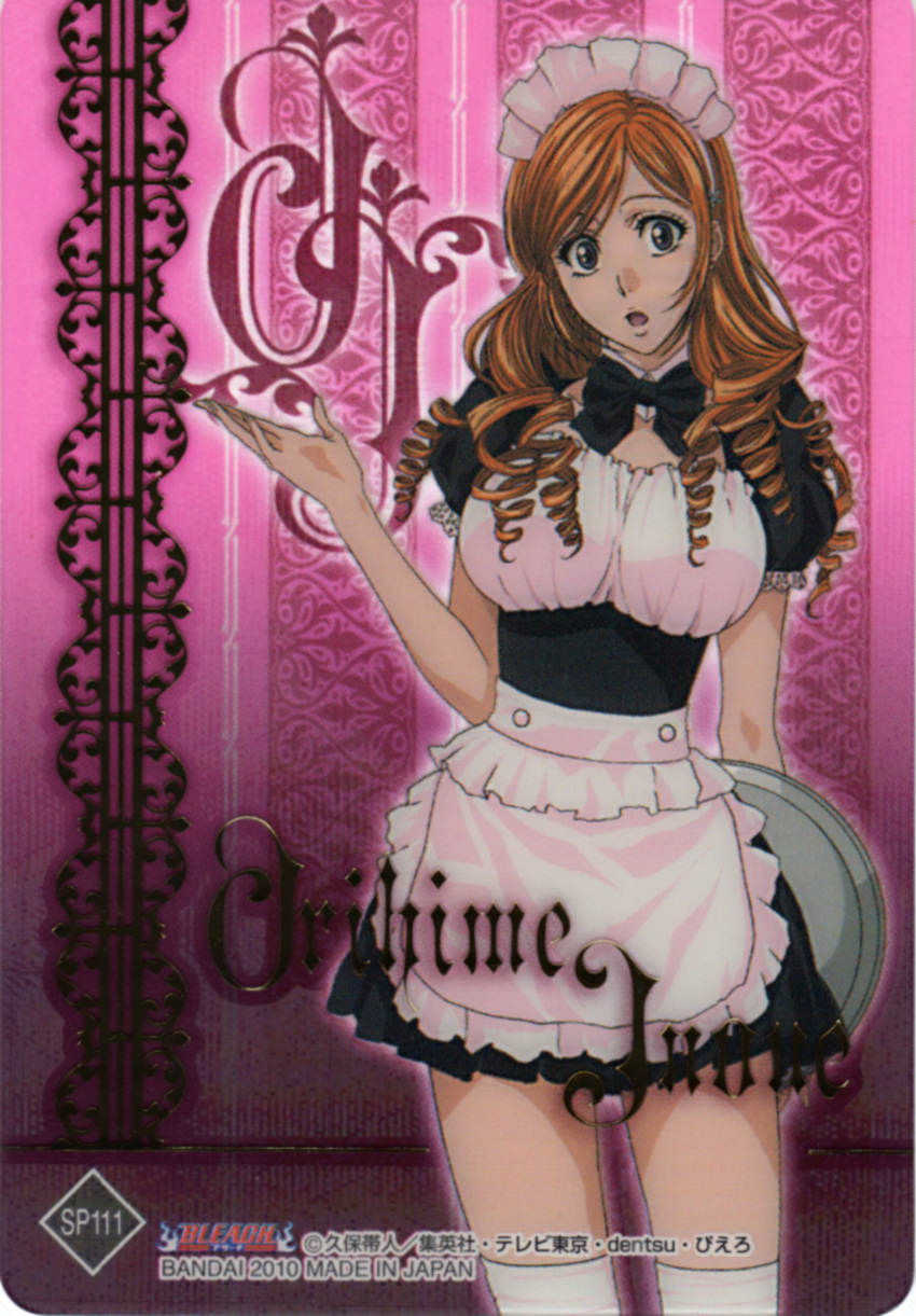 1girl absurdres apron black_bowtie bleach bowtie breasts character_name cosplay cropped_legs drill_hair female hairband highres inoue_orihime jpeg_artifacts large_breasts legs long_hair maid maid_headdress official_art open_mouth orange_hair scan scan_artifacts short_sleeves solo thighhighs thighs waist_apron zettai_ryouiki