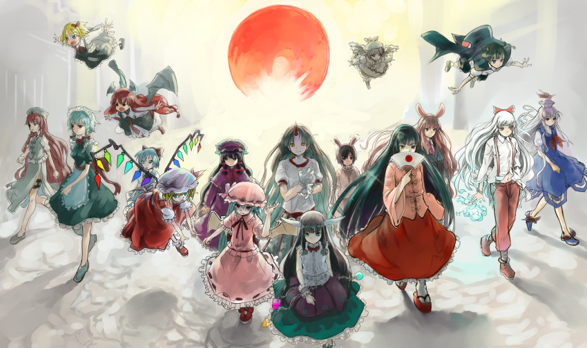 6+girls absurdres alternate_hair_color animal_ears antennae apron ascot bat_wings black_hair blazer blonde_hair blue_eyes blue_fire blue_hair bow braid brown_eyes brown_hair bunny_ears cape chain chains china_dress chinese_clothes cirno crescent cuffs dareruraito fan fang fighting_stance fire flandre_scarlet flying folding_fan fujiwara_no_mokou green_eyes green_hair grey_hair hair_bow handcuffs hat head_wings highres hong_meiling horn horns hoshiguma_yuugi houraisan_kaguya ibuki_suika immaterial_and_missing_power imperishable_night inaba_tewi izayoi_sakuya kamishirasawa_keine koakuma lavender_hair long_hair maid maid_headdress mary_janes multiple_girls mystia_lorelei necktie o_o open_mouth outstretched_arms pants patchouli_knowledge pink_hair purple_eyes red_eyes red_hair red_sun redhead reisen_udongein_inaba remilia_scarlet reverse_trap rumia sharp_teeth shoes short_hair side_slit silver_hair spread_arms star sun suspenders team_9 the_embodiment_of_scarlet_devil tokin_hat touhou twin_braids very_long_hair vest waist_apron white_hair wings wriggle_nightbug yellow_eyes youkai
