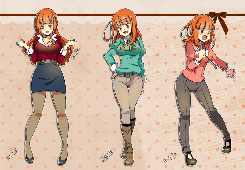 alternate_hairstyle blue_eyes blush boots breasts cleavage curvy hair_down hand_on_chest hand_on_hip hand_on_own_chest hand_to_chest high_heels hips large_breasts long_hair multiple_persona open_mouth orange_hair outstretched_arm pants pantyhose ribbon shoes short_hair skirt umineko_no_naku_koro_ni ushiromiya_eva young