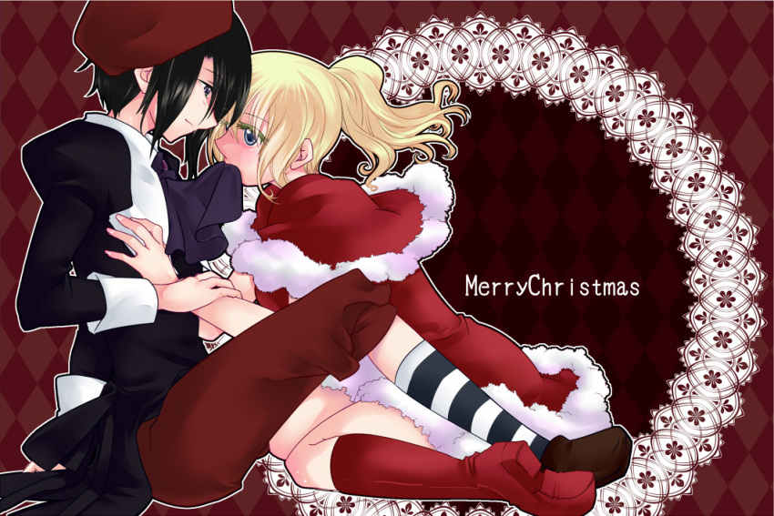 black_hair blonde_hair boots christmas hat kanon_(umineko) koougi ponytail umineko_no_naku_koro_ni ushiromiya_jessica