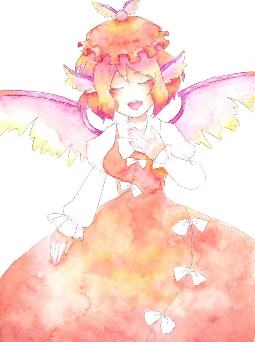 animal_ears closed_eyes dress eyes_closed hand_on_own_chest hand_to_chest hat highres komari-chronicle mystia_lorelei no_nose open_mouth pink_hair short_hair singing solo touhou traditional_media watercolor_(medium) wings