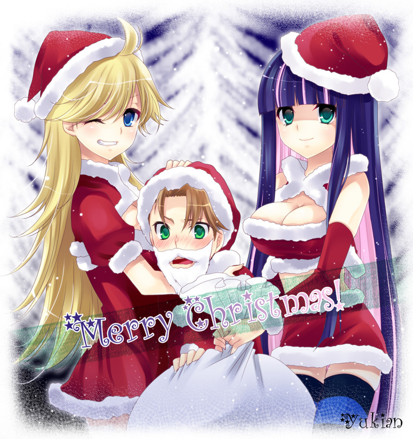 alternate_costume alternate_hairstyle blonde_hair blue_hair blush breasts brief_(character) brief_(psg) cleavage green_eyes hat highres long_hair multicolored_hair multiple_girls open_mouth orange_hair panty_&amp;_stocking_with_garterbelt panty_(character) panty_(psg) sack santa_costume santa_hat short_hair smile snow stocking_(character) stocking_(psg) striped striped_legwear striped_thighhighs thigh-highs thighhighs two-tone_hair wink yukian