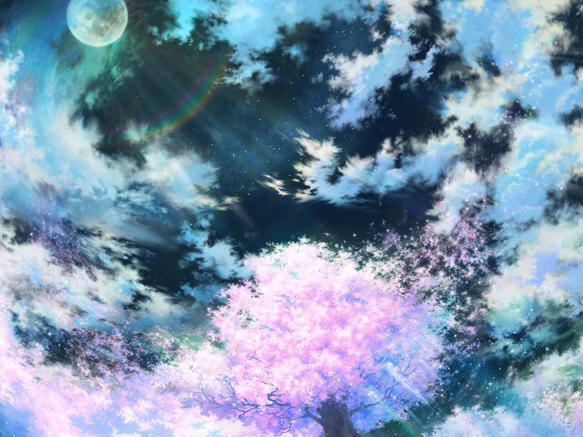 cherry_blossoms moon night original rainbow scenic sky