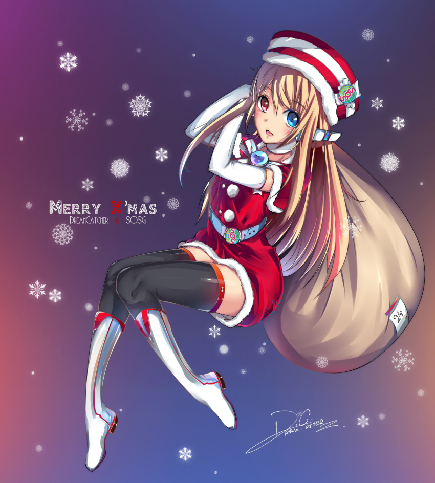 black_legwear black_thighhighs blue_eyes blush boots character_request christmas copyright_request dreamcatcher elbow_gloves gloves hat heterochromia highres latex open_mouth red_eyes sack santa_costume snowflakes solo thigh-highs thighhighs