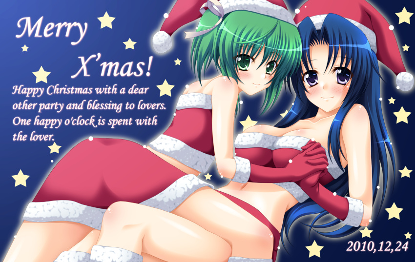 bad_id bare_shoulders blue_hair blush breasts christmas engrish gloves green_eyes green_hair hat highres hiiragi_noa kawashima_ami long_hair lying lying_on_person mm! multiple_girls on_person ranguage santa_hat short_hair smile stairs toradora! yuri yuunagi_kanade