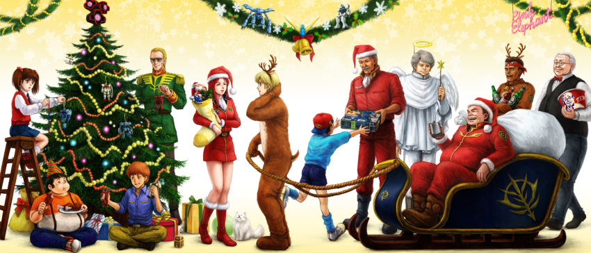 6+boys alfred_izuruha andy_strauss angel_wings animal_costume antlers backwards_hat ball_(gundam) beer bell bernard_wiseman black_hair black_tri-stars blonde_hair boots bow bowtie brown_hair cat charlie_(gundam_0080) chay_(gundam_0080) christina_mackenzie christmas christmas_tree colonel_killing colonel_sanders dom dorothy_(gundam) eating facial_hair fried_chicken gabriel_garcia garland_(decoration) gelgoog_jager gif gift gm_cold_districts_type gm_command gm_sniper_ii good_end grey_hair guncannon_mp_type gundam gundam_0080 gundam_alex gunpla haro hat highres holly hygogg indian_style jingle_bell kampfer_(mobile_suit) kfc kfc_(company) ladder mikhail_kaminsky military military_uniform mobile_suit_gundam multiple_boys multiple_girls mustache parody party_hat red_hair redhead reindeer_costume rocket_ship sack santa_claus santa_costume santa_hat satou_toshio_(suisuisuisui) sitting sled snowflakes space_craft steiner_hardy stubble suisuisuisui sunglasses telcott_(gundam_0080) toy treasure_chest uniform wand wings z'gok-e z'gok-e zaku zaku_ii zaku_ii_fz_kai