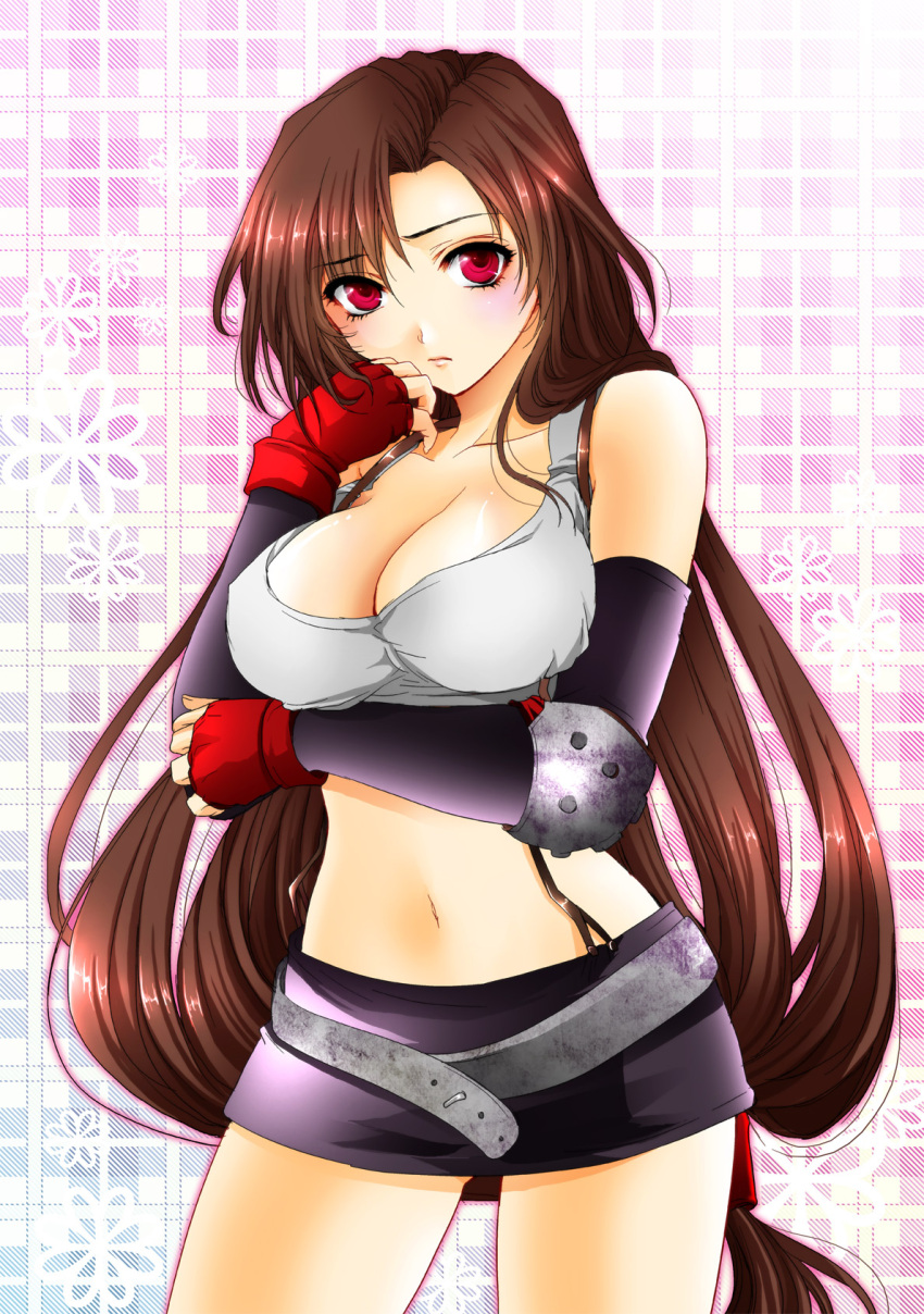 1girl brown_hair cleavage final_fantasy final_fantasy_vii fragran0live gloves highres large_breasts legs long_hair low-tied_long_hair navel ponytail red_eyes solo thighs tifa_lockhart