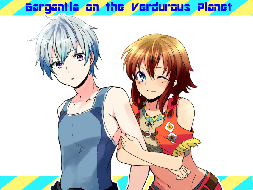 1boy 1girl amy_(suisei_no_gargantia) blue_eyes brown_hair copyright_name fringe ledo_(suisei_no_gargantia) short_hair silver_hair simple_background suisei_no_gargantia violet_eyes wink