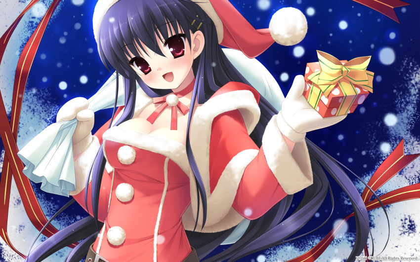 blush breasts christmas cleavage gift hat highres kanekiyo_miwa long_hair mittens natsu_no_ame open_mouth red_eyes ribbon santa_costume santa_hat segawa_rikako wallpaper