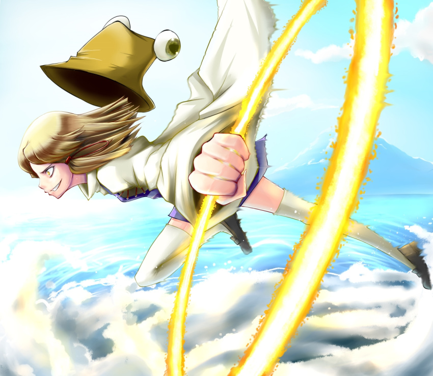 blonde_hair blue_sky chakram clenched_hand cloud clouds fist flying foreshortening grin hat hat_removed headwear_removed hoop moriya's_iron_rings moriya's_iron_rings moriya_suwako profile sky smile solo tama_go thigh-highs thighhighs touhou white_legwear white_thighhighs yellow_eyes zettai_ryouiki