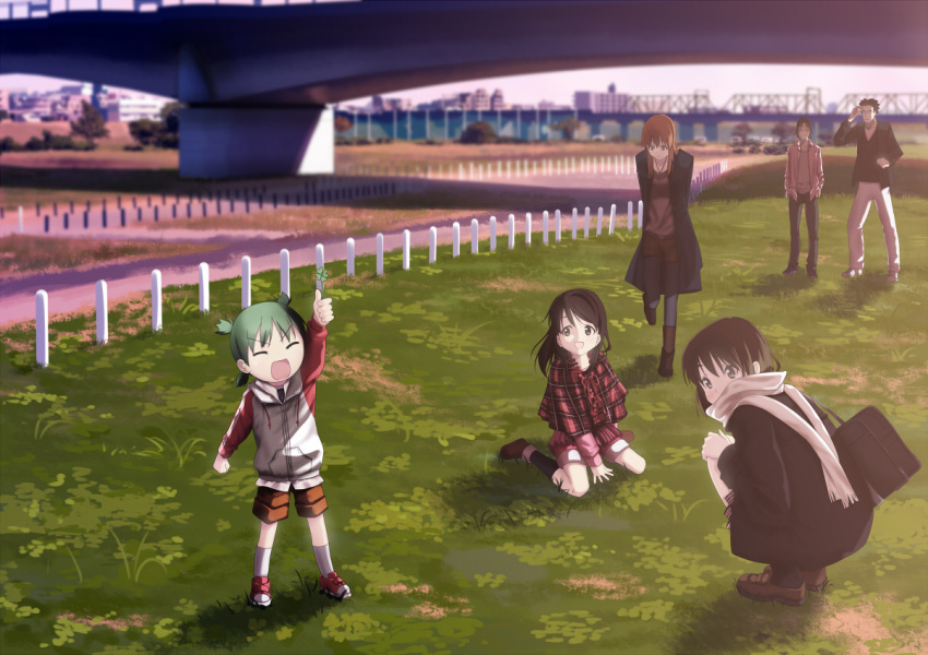 ayase_ena ayase_fuuka bespectacled black_hair bridge brown_hair child clover four-leaf_clover glasses green_hair jumbo koiwai_yotsuba mr_koiwai nagareboshi plaid quad_tails scarf squatting tartan yotsubato!