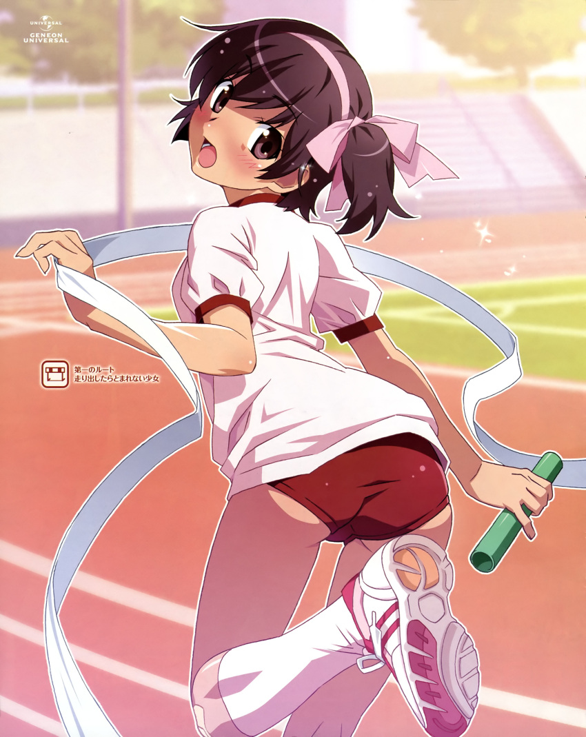 ass back bandaid baton blush brown_eyes brown_hair buruma footwear gym_uniform hair_ribbon hairband highres kami_nomi_zo_shiru_sekai kneehighs looking_back official_art one_side_up open_mouth relay_baton relay_race ribbon shoes side_ponytail sneakers socks solo sweat takahara_ayumi tongue track track_and_field trefoil watanabe_akio white_kneehighs white_legwear white_socks