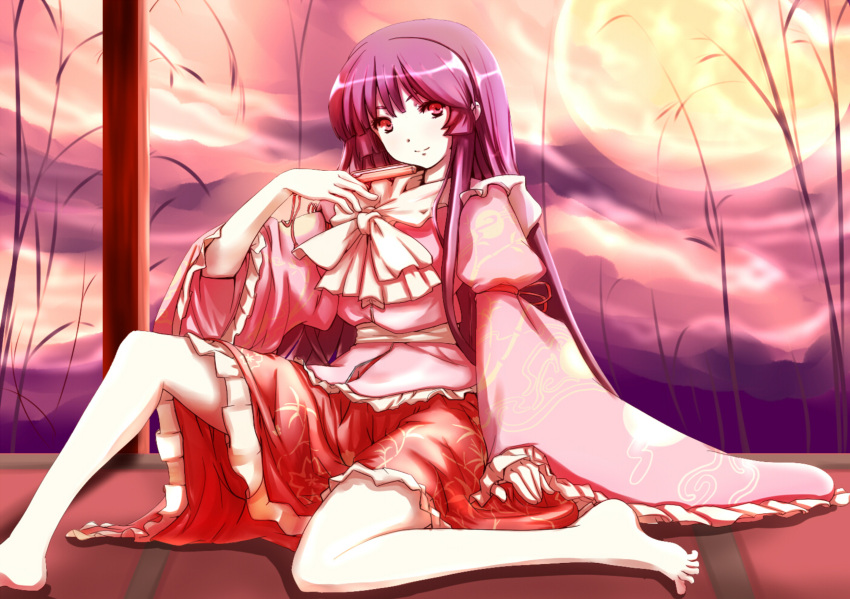 barefoot black_hair dearmybrothers dress face fan folding_fan full_moon highres houraisan_kaguya long_hair moon red_eyes sitting solo touhou very_long_hair