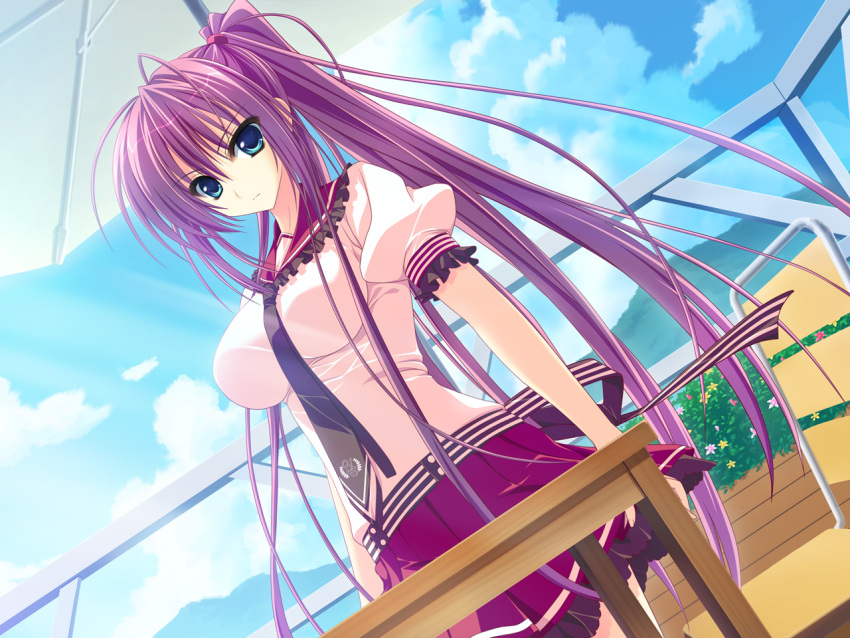 game_cg green_eyes hoshizora_e_kakaru_hashi long_hair naturalton purple_hair sakai_hina seifuku