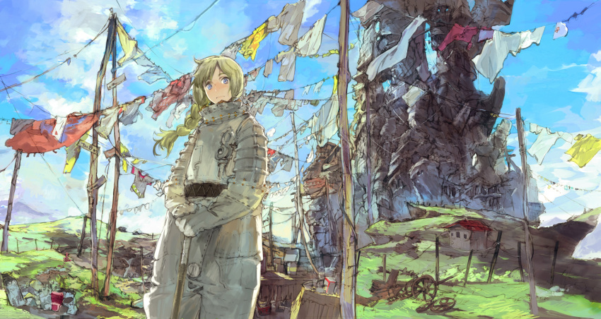 1girl androgynous armor blonde_hair blue_eyes clothes cloud highres landscape original scenic sky solo toi8 tower washing wheel