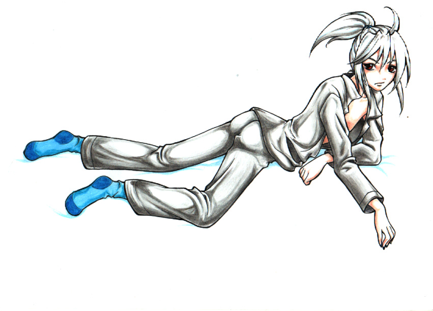 blue_socks honne_dell male pose red_eyes solo vocaloid voyakiloid white_hair