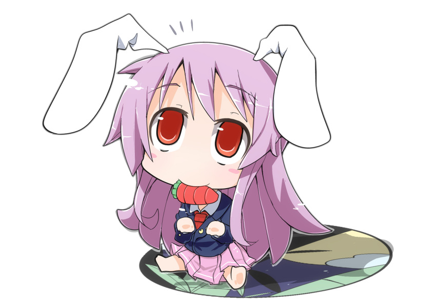 1girl animal_ears bunny_ears carrot cat_pose chibi fanfad highres ladfa long_hair mouth_hold paw_pose pawing pink_hair purple_hair rabbit_ears red_eyes reisen_udongein_inaba simple_background sitting solo spread_legs touhou