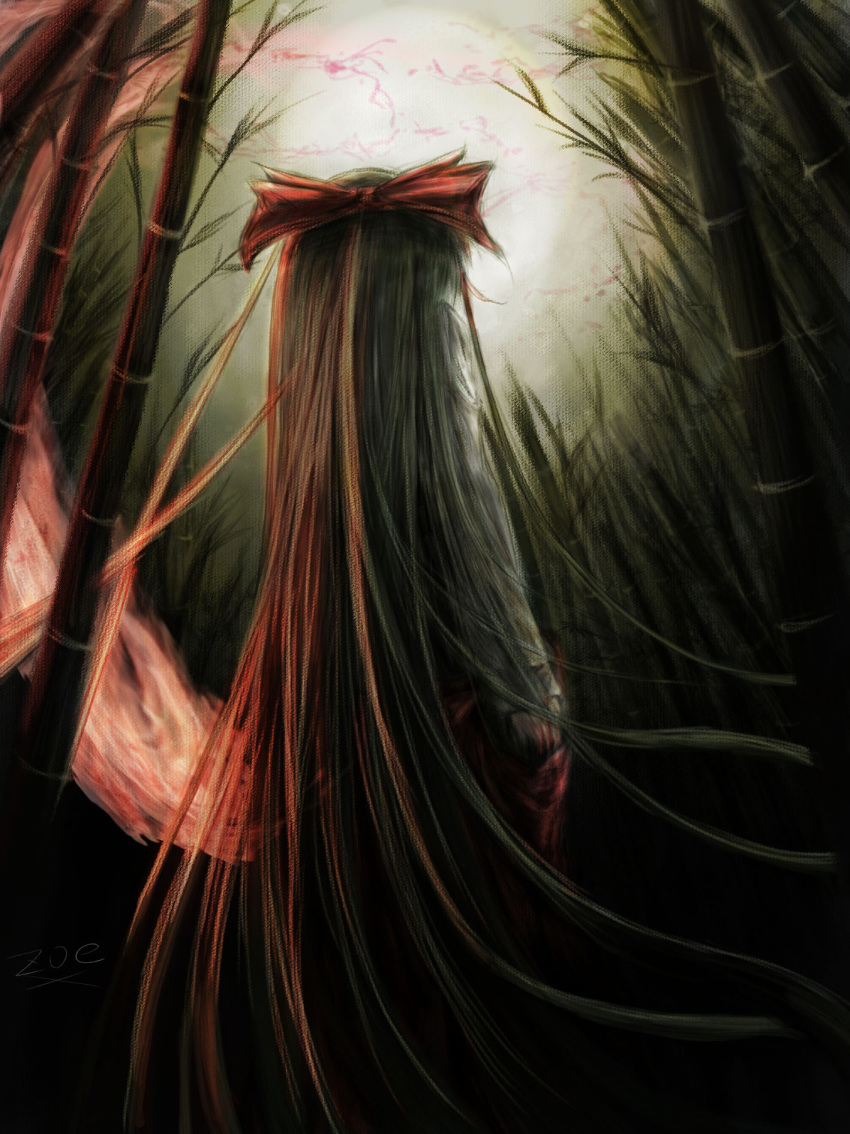 bad_id bamboo bamboo_forest dark faux_traditional_media fire forest from_behind fujiwara_no_mokou hair_ribbon hand_in_pocket highres long_hair nature ribbon signature solo speed_painting touhou zoex