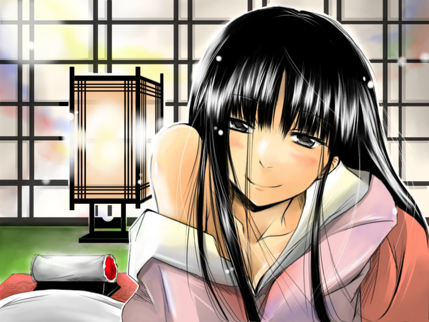 1girl all_fours black_eyes black_hair highres hime_cut houraisan_kaguya leaning_forward long_hair looking_at_viewer pink_clothes smile solo tatami touhou