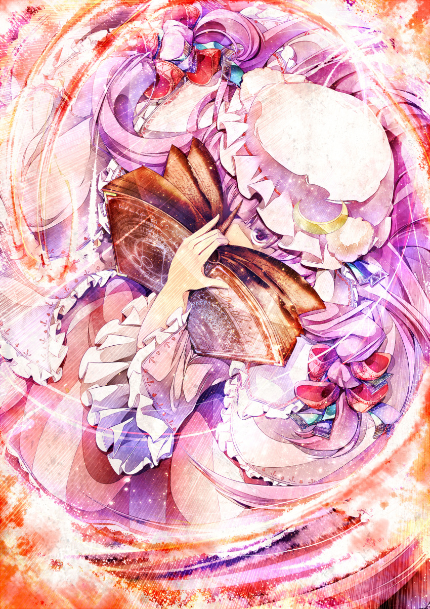 absurdres book crescent crescent_moon hat highres long_hair patchouli_knowledge purple_eyes purple_hair solo sugiyuu touhou violet_eyes