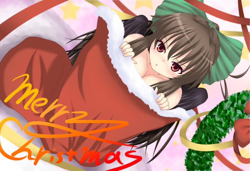 black_wings bow brown_hair christmas covering cyano_sawagi cyanomirahi footwear hair_bow hair_ribbon long_hair nude nude_cover red_eyes reiuji_utsuho ribbon socks solo touhou wings