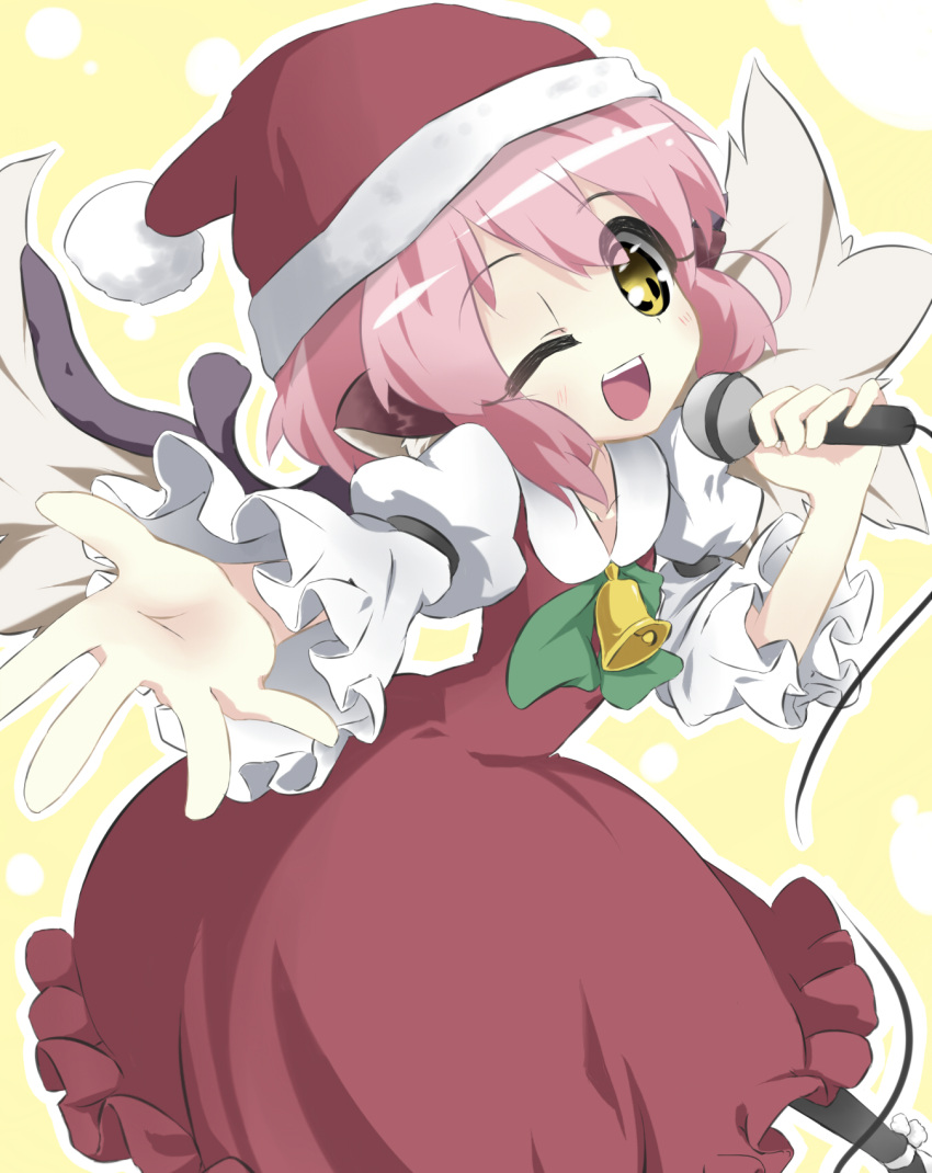 animal_ears bell christmas dress hat highres microphone mystia_lorelei open_mouth outstretched_hand pink_hair santa_costume santa_hat short_hair singing solo touhou urimono wings wink yellow_eyes